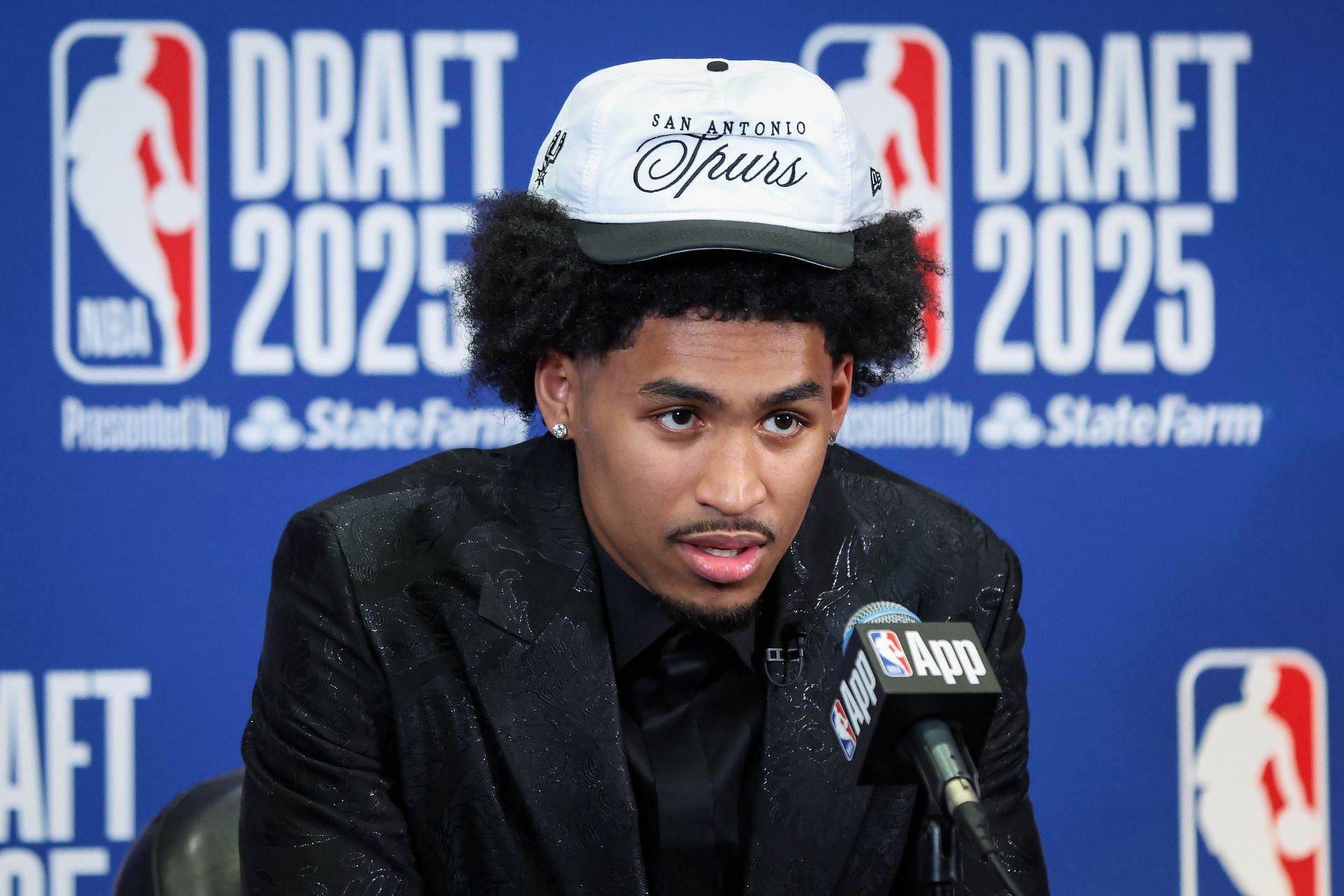 Dylan Harper of the San Antonio Spurs speaks to the media after being drafted second overall during the 2025 NBA Draft at Brooklyn Center, New York - Source: Getty